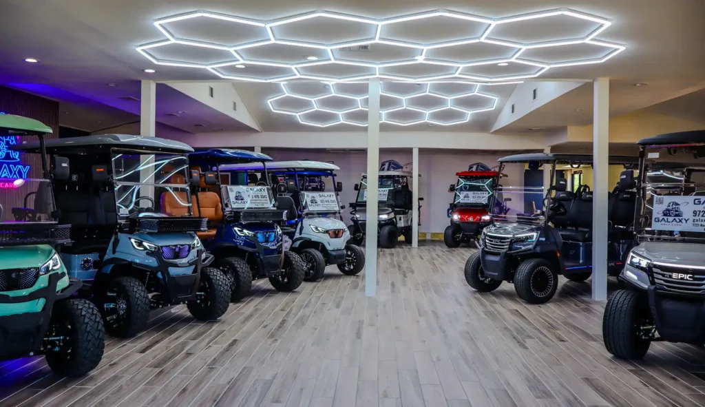 Galaxy Golf Cars showroom in Plano, Texas featuring premium electric golf carts for sale