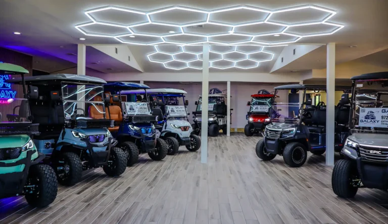 Galaxy Golf Cars showroom in Plano, Texas featuring premium electric golf carts for sale