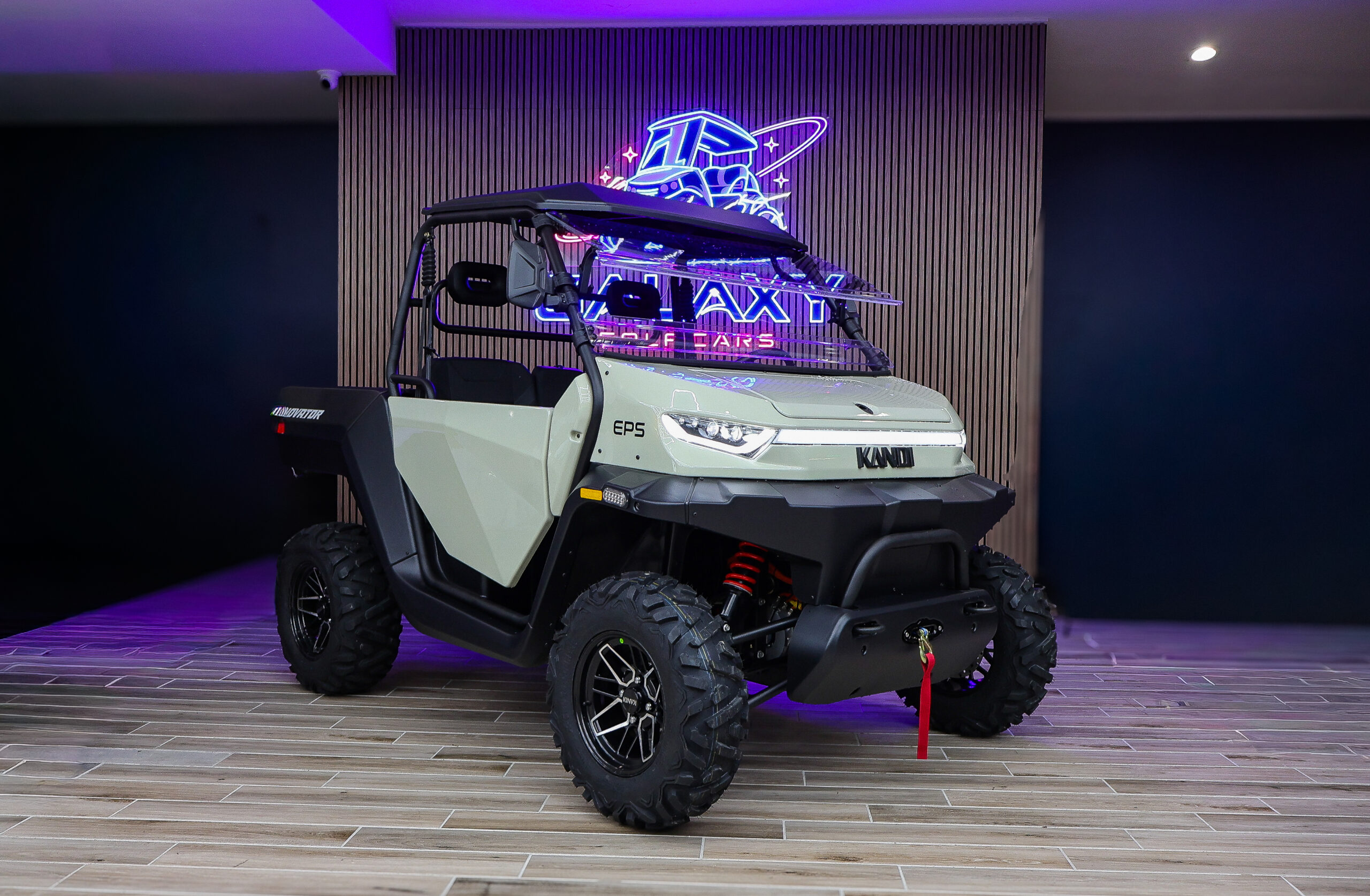 Kandi Innovator e10K electric UTV displayed in the Galaxy Golf Cars showroom with EPS steering and off-road tires