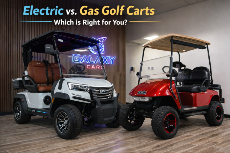 Electric vs gas golf carts comparison on a golf course showing electric charging and gas fueling differences