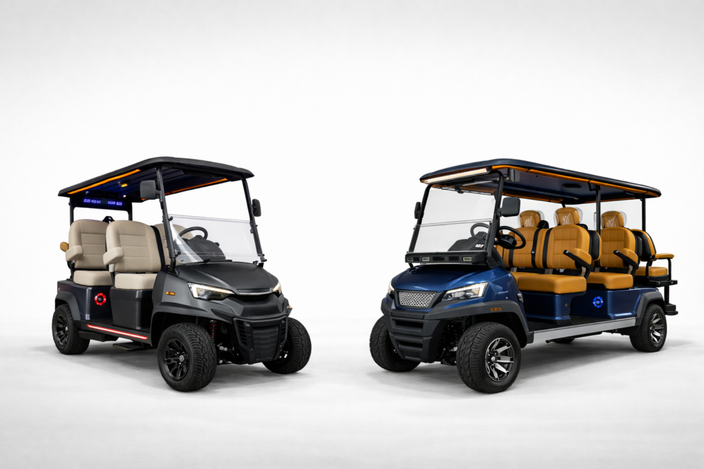 4 seater and 6 seater golf carts side by side on a neutral background showing size and seating differences