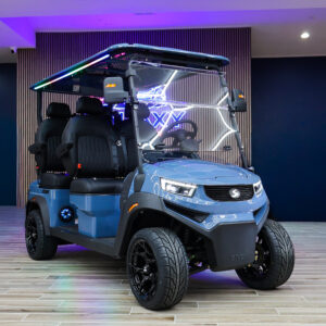 Blue Sivo Edge 4F golf cart with forward-facing seating displayed in the Galaxy Golf Cars showroom