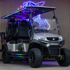 Silver 2026 Sivo Edge 6 Seater Lifted golf cart displayed at Galaxy Golf Cars with premium seating and lifted suspension