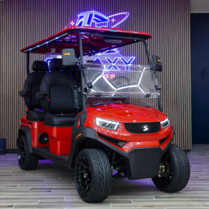 Red Sivo Edge 4F golf cart with forward-facing seating displayed in the Galaxy Golf Cars showroom