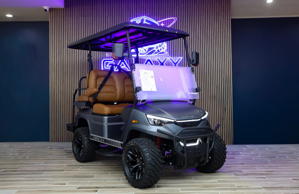 2026 DACH Falcon Ultra 2+2 Matte Gray electric golf cart with Walnut seats