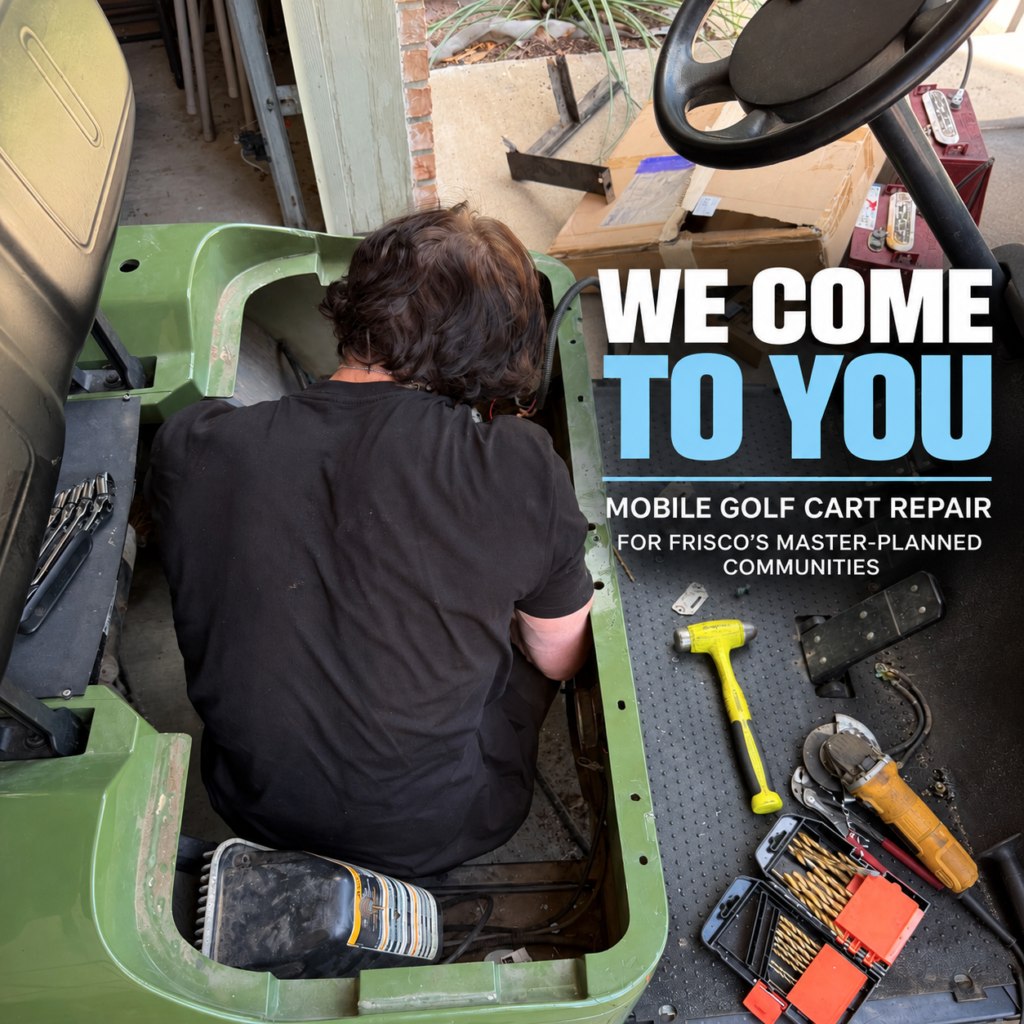 Mobile golf cart repair technician servicing a golf cart in Frisco, TX