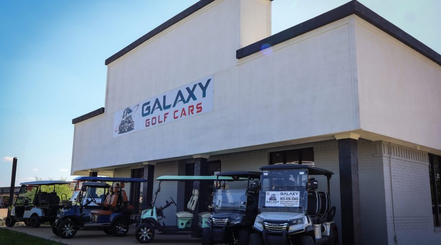 Galaxy Golf Cars dealership in Plano TX with golf carts outside the showroom